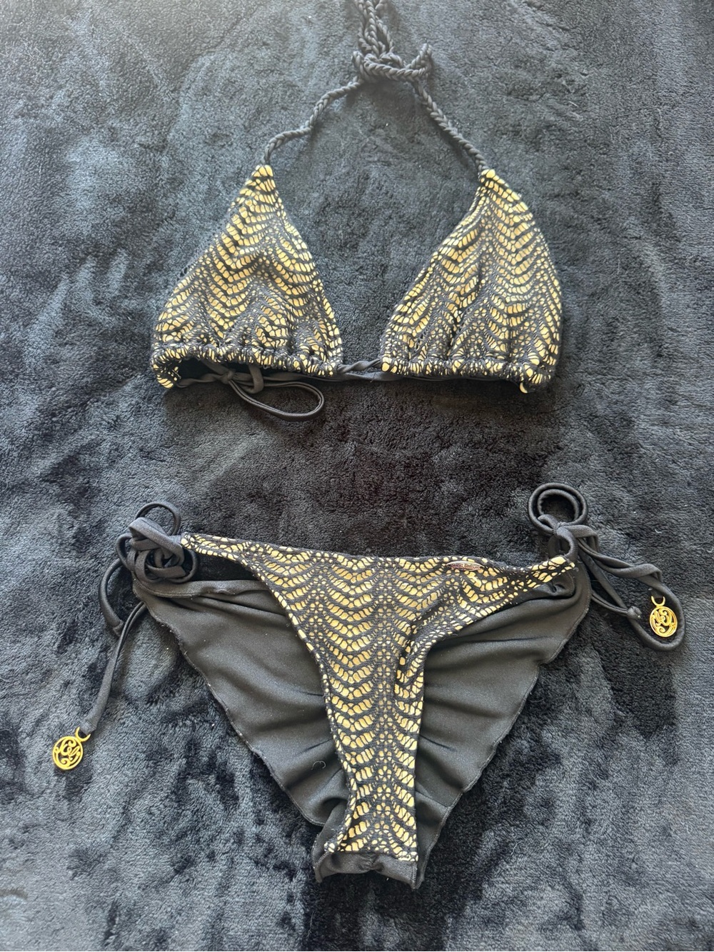 Luli Fama Black & Gold Patterned Tie-Side Triangle Bikini Set